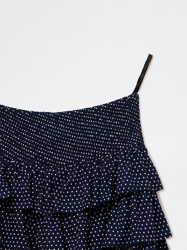 Nuon Navy Polka Dot Smocked Tiered Skirt