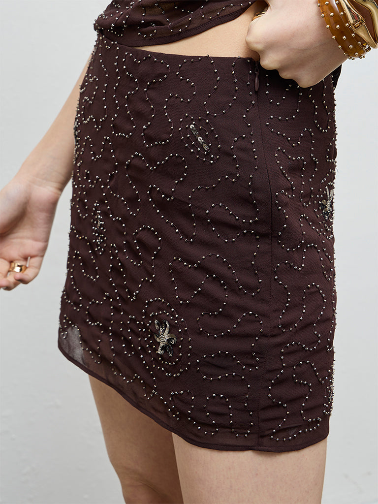 Nuon Brown Embellished High-Rise Skirt
