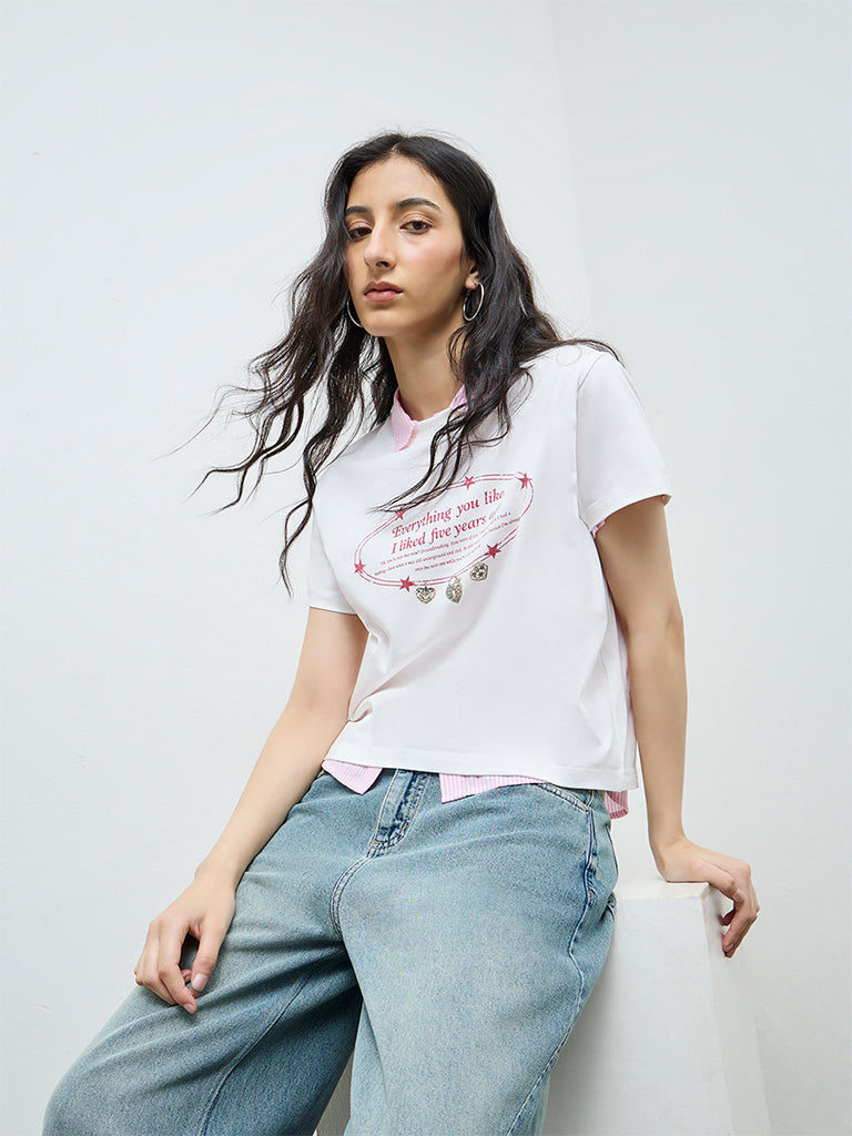 Nuon White Graphic Cotton T-Shirt