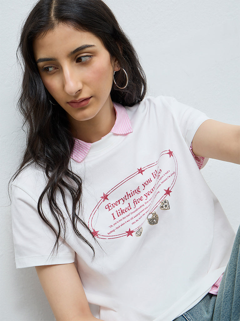 Nuon White Graphic Cotton T-Shirt