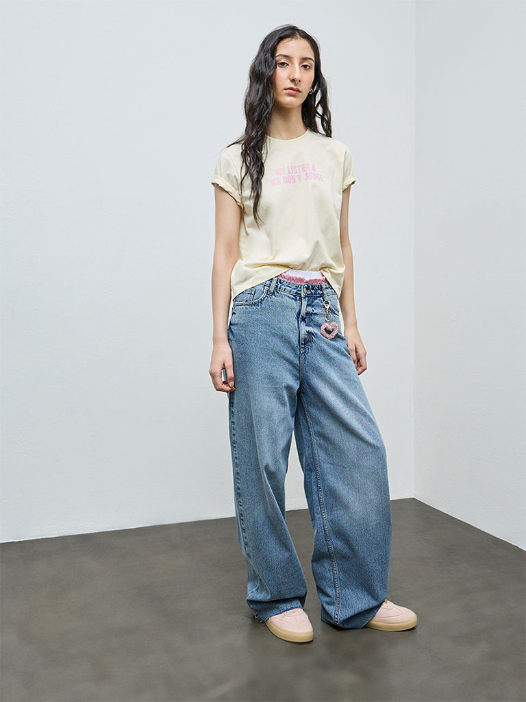 Nuon Light Yellow Text Cotton T-Shirt