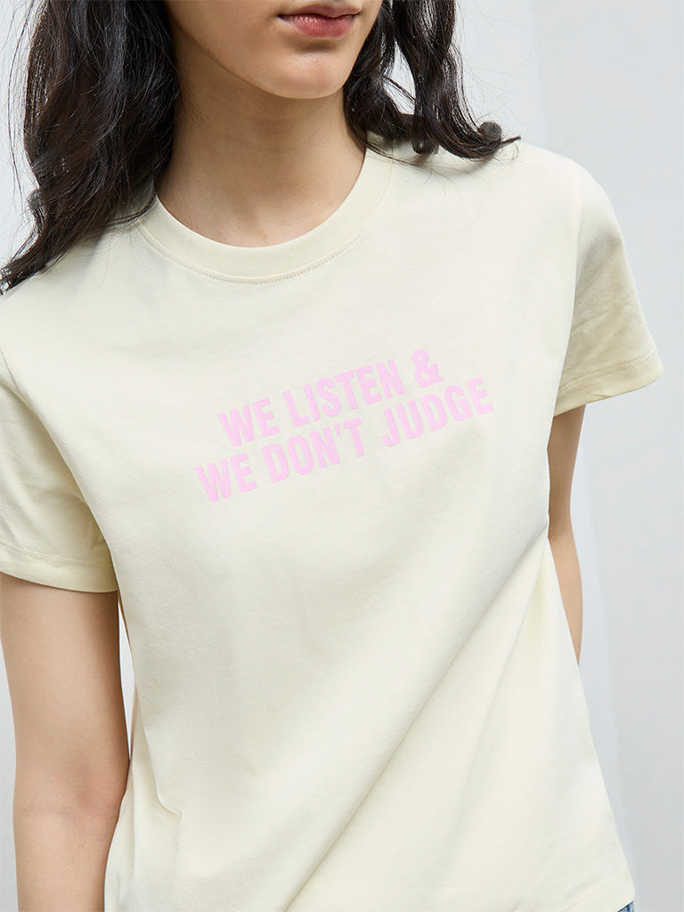 Nuon Light Yellow Text Cotton T-Shirt