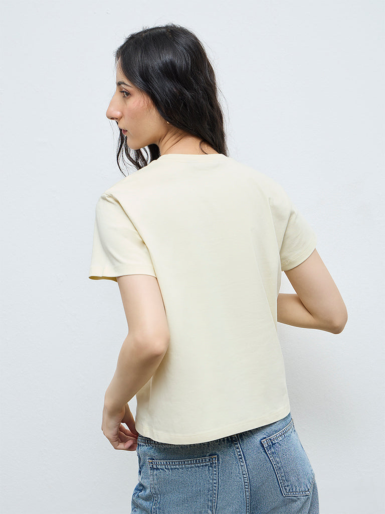 Nuon Light Yellow Text Cotton T-Shirt