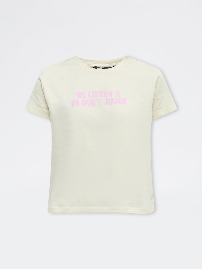 Nuon Light Yellow Text Cotton T-Shirt