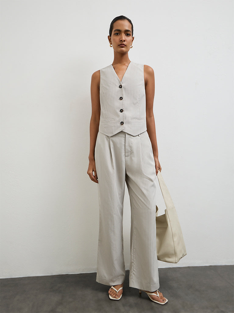 Wardrobe Grey Striped High-Rise Trousers