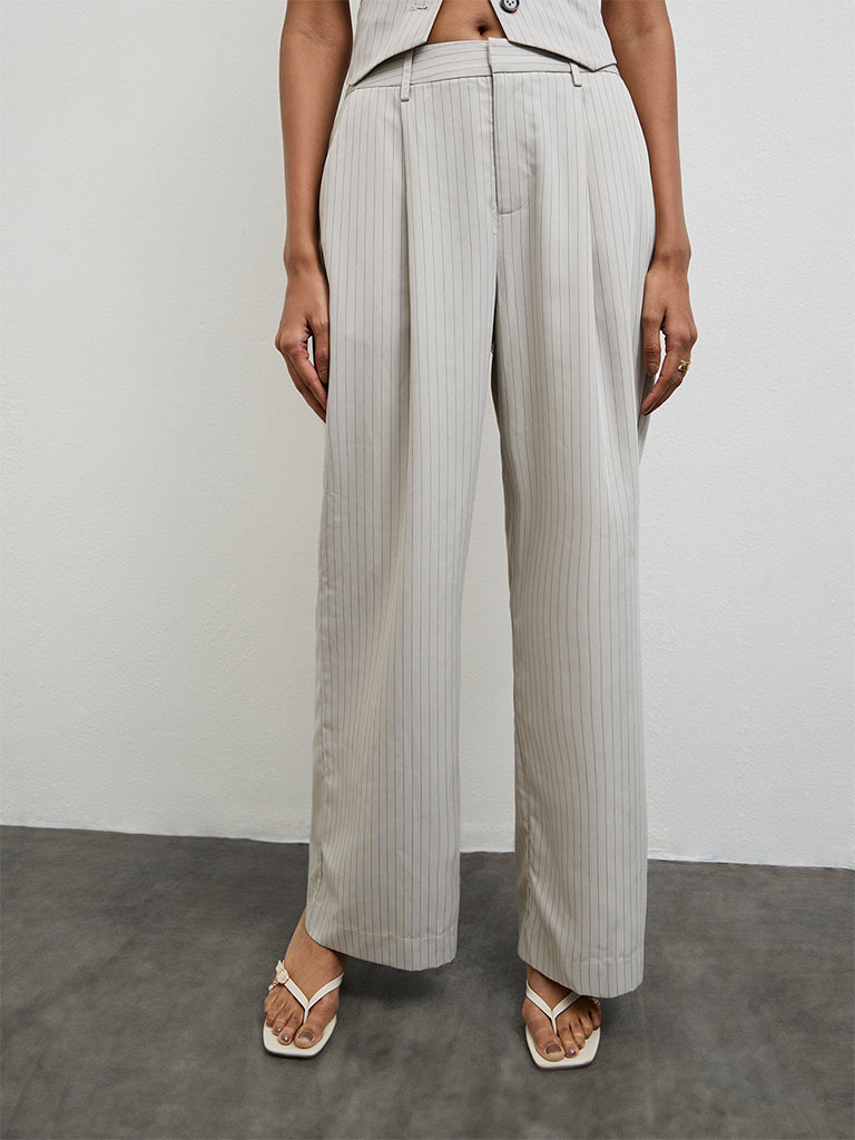 Wardrobe Grey Striped High-Rise Trousers