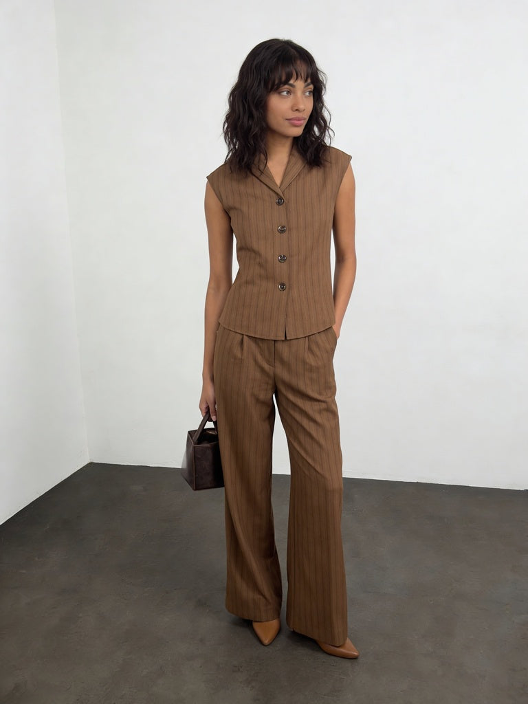 Wardrobe Brown Pinstriped Mid-Rise Straight-Fit Trousers
