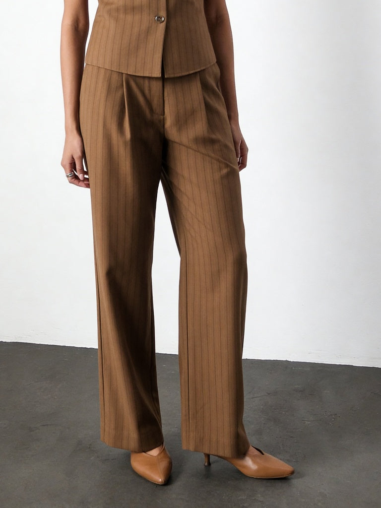 Wardrobe Brown Pinstriped Mid-Rise Straight-Fit Trousers
