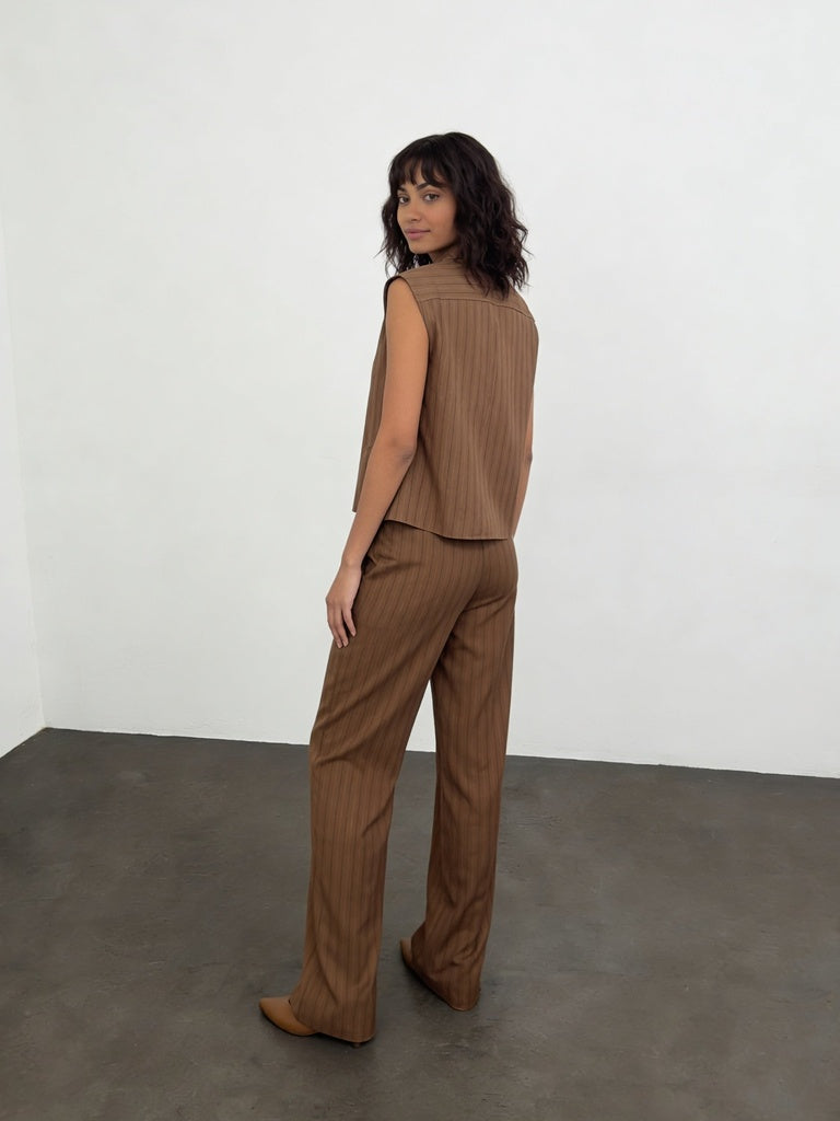 Wardrobe Brown Pinstriped Mid-Rise Straight-Fit Trousers