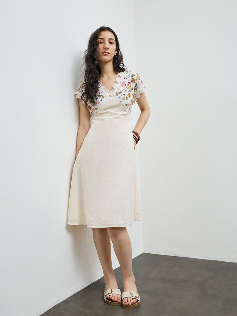 Bombay Paisley Off-White Embroidered Cotton A-Line Dress