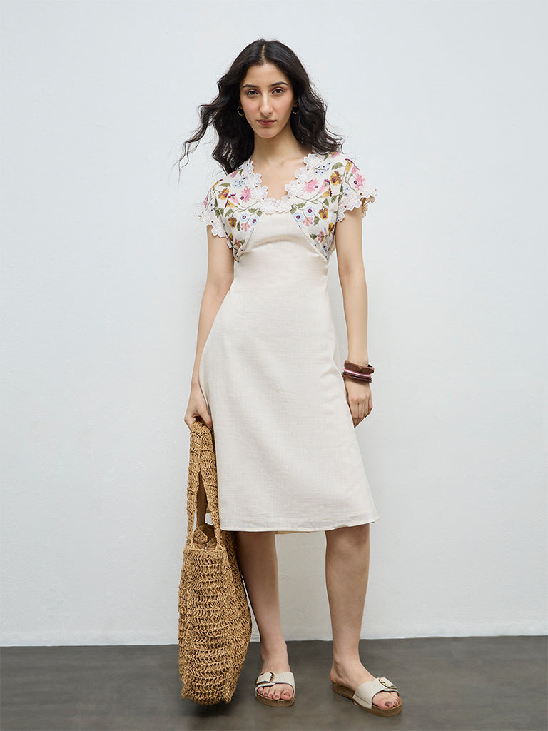 Bombay Paisley Off-White Embroidered Cotton A-Line Dress
