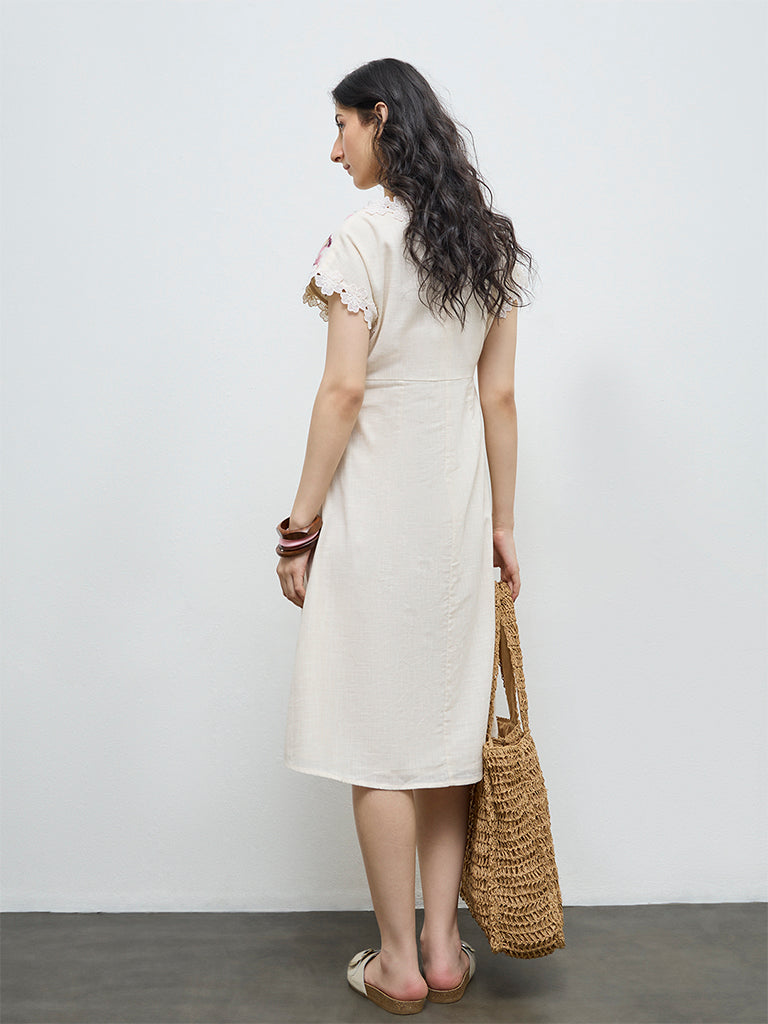 Bombay Paisley Off-White Embroidered Cotton A-Line Dress