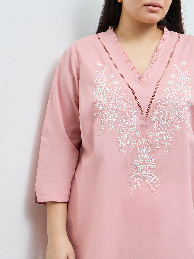 Diza Pink Floral Embroidered Cotton Tunic