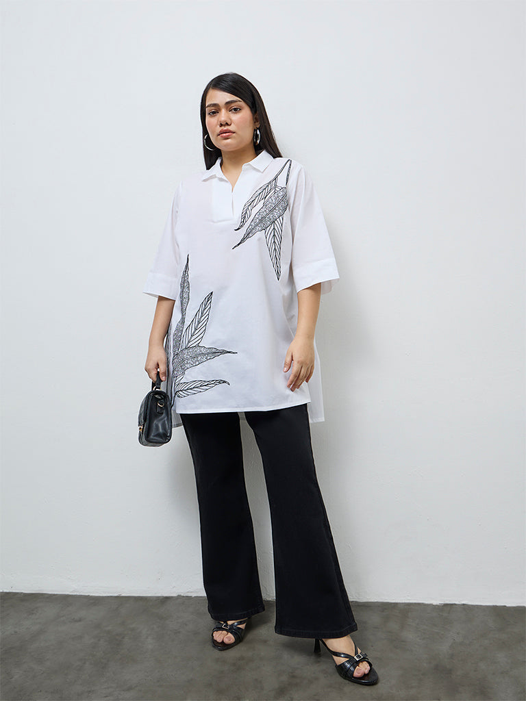 Diza White Leaf Embroidered Cotton Tunic