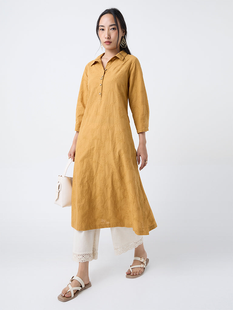 Utsa Mustard Floral Embroidered Cotton A-Line Kurta