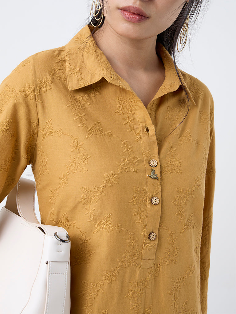 Utsa Mustard Floral Embroidered Cotton A-Line Kurta