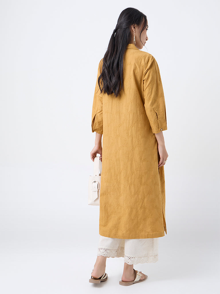 Utsa Mustard Floral Embroidered Cotton A-Line Kurta