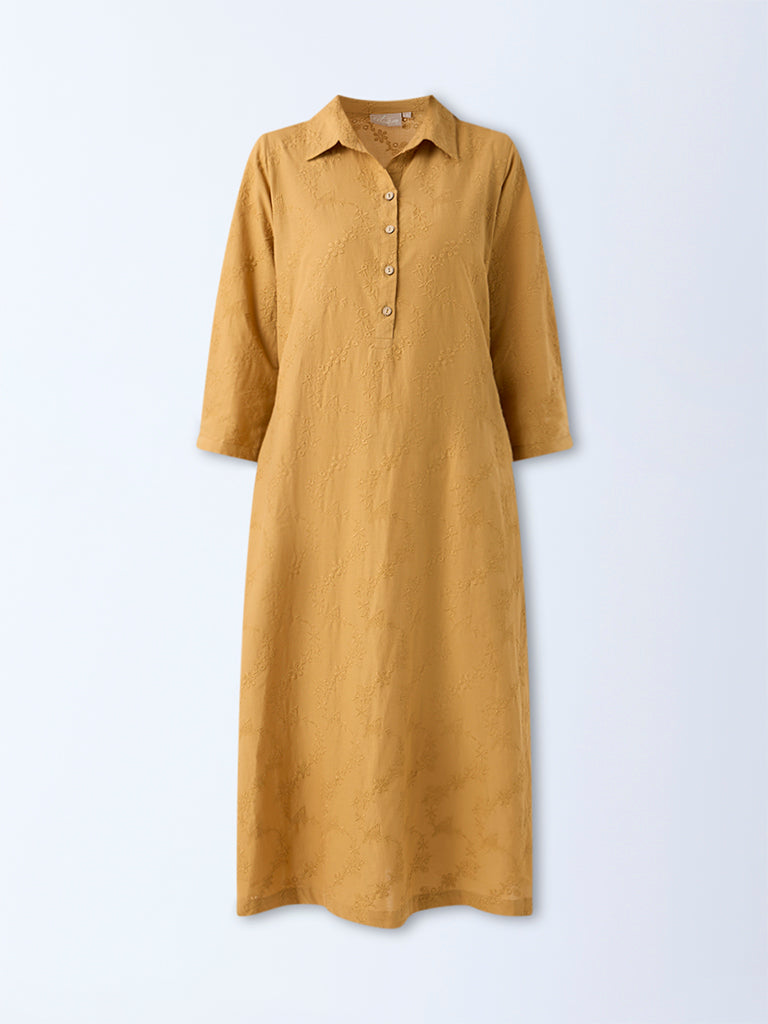 Utsa Mustard Floral Embroidered Cotton A-Line Kurta