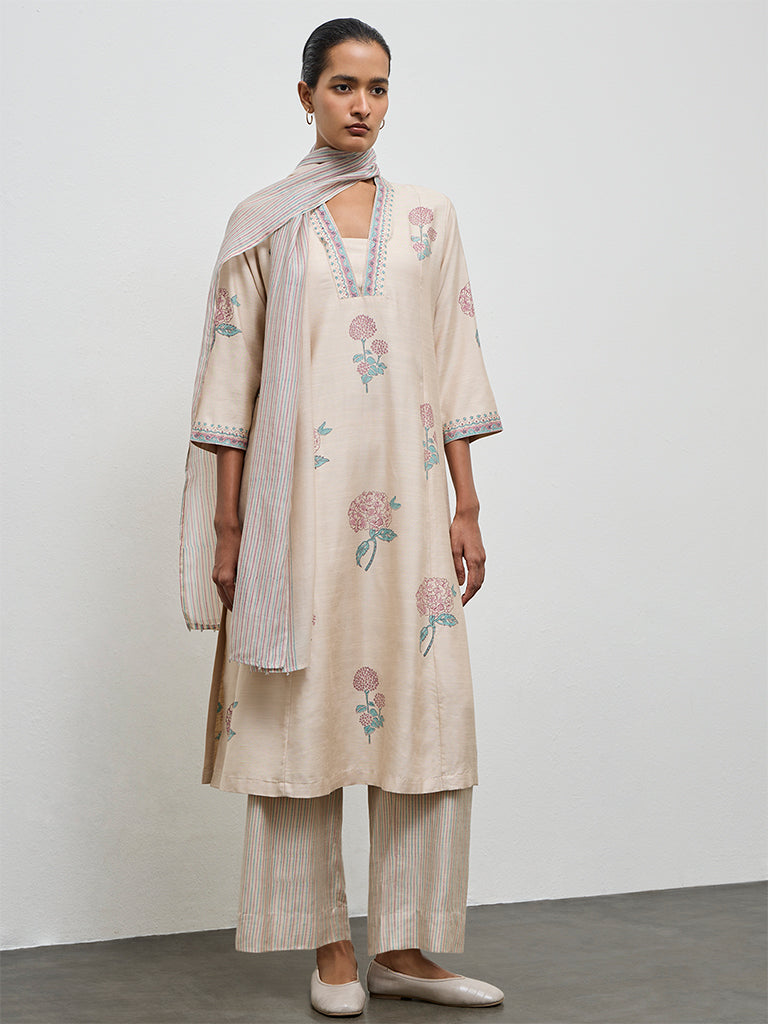 Zuba Beige Stripe Printed Cotton-Blend Stole