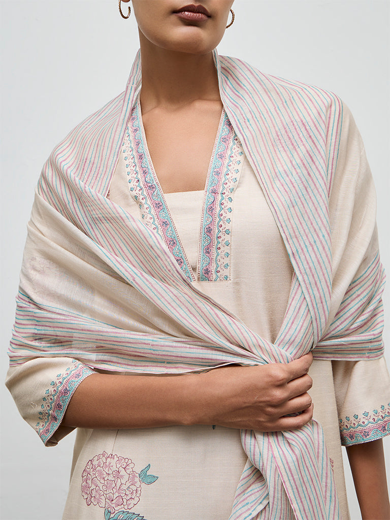 Zuba Beige Stripe Printed Cotton-Blend Stole