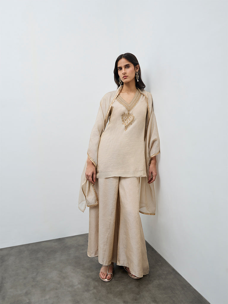 Zuba Beige Embellished A-Line Kurta