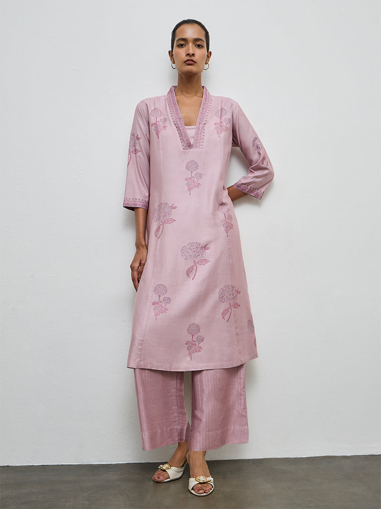 Zuba Lilac Floral Printed A-Line Kurta