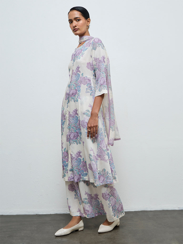 Zuba Off-White Floral A-Line Kurta