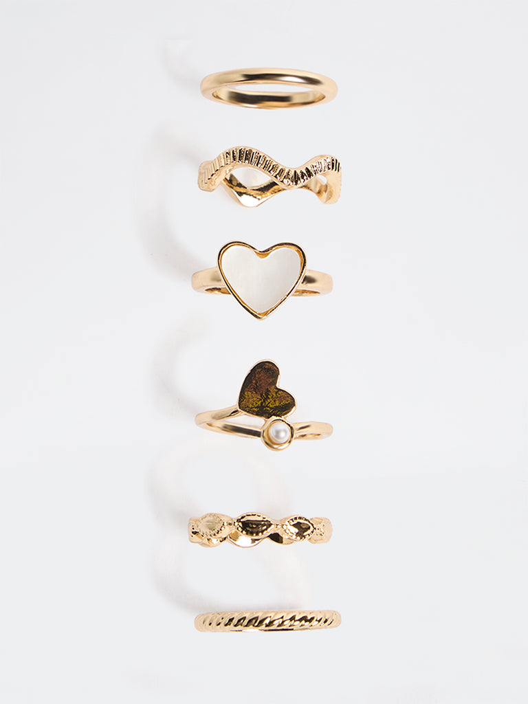 Westside Accessories Gold and White Heart Detail Rings - Pack of 6