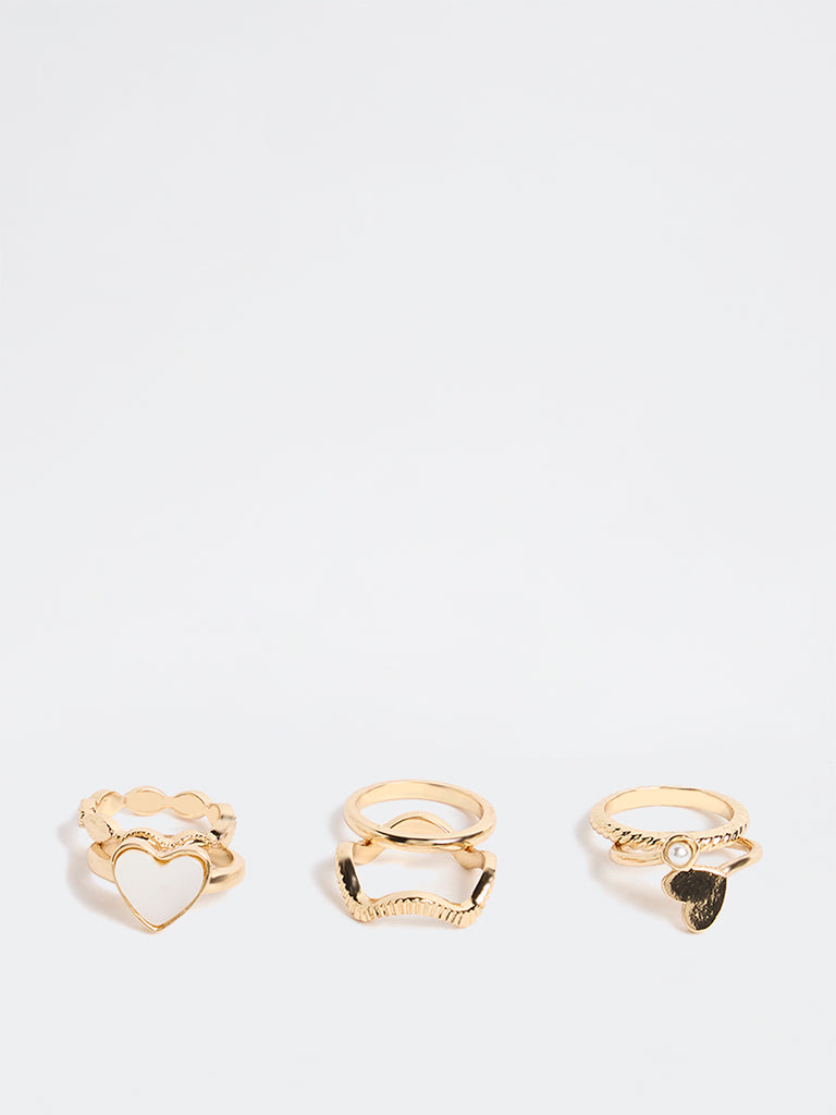 Westside Accessories Gold and White Heart Detail Rings - Pack of 6