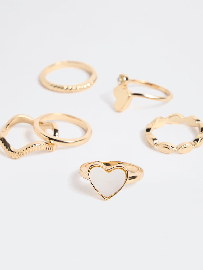 Westside Accessories Gold and White Heart Detail Rings - Pack of 6