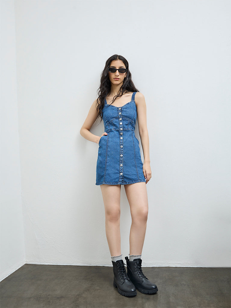 white christmas dresses V-Neck Straight Denim Dress in Dark Wash main image 1