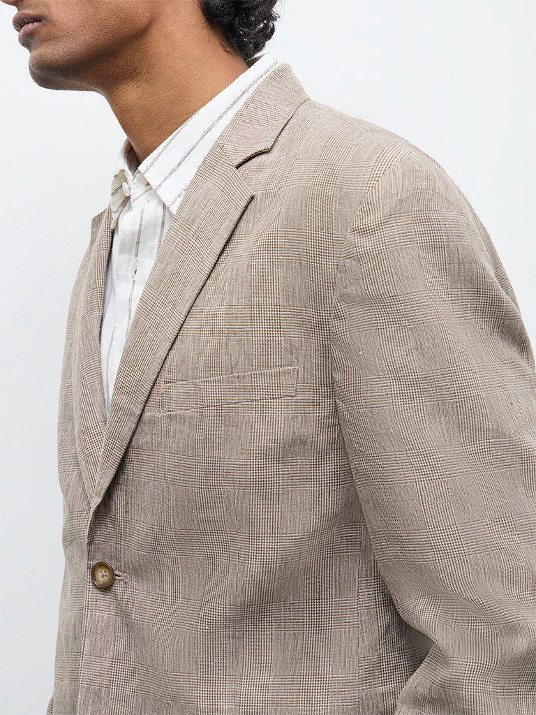 Ascot Taupe Checkered Relaxed-Fit Linen Blazer