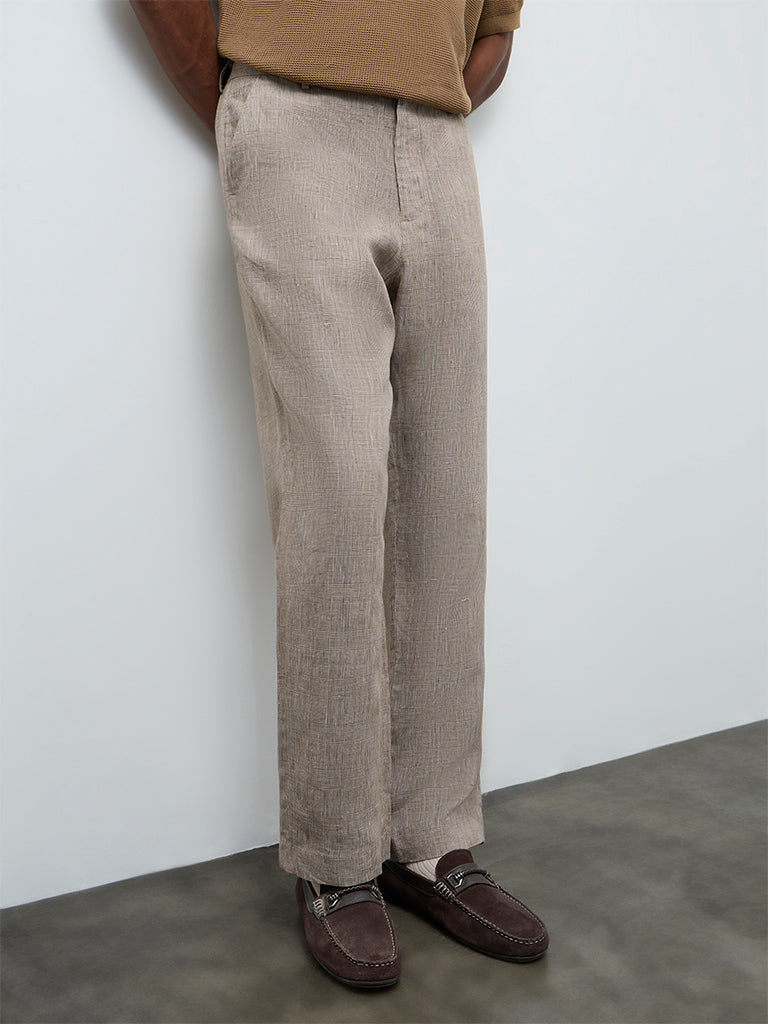 Ascot Taupe Checkered Relaxed-Fit Mid-Rise Linen Trousers