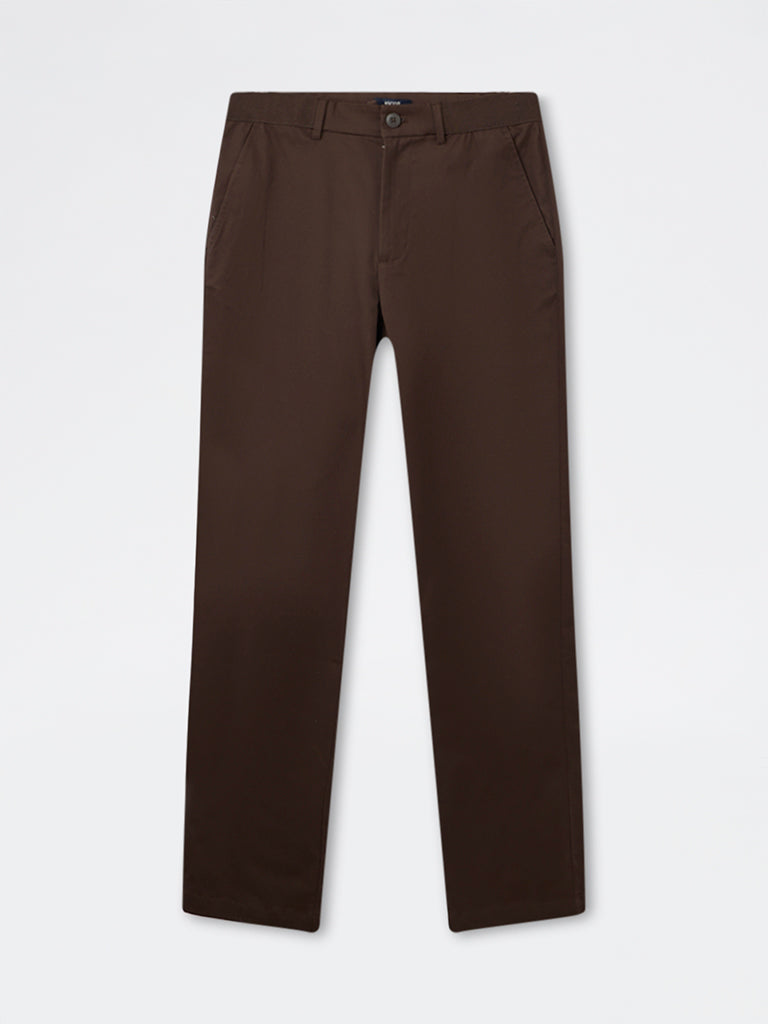 Ascot Brown Relaxed-Fit Mid-Rise Cotton-Blend Trousers