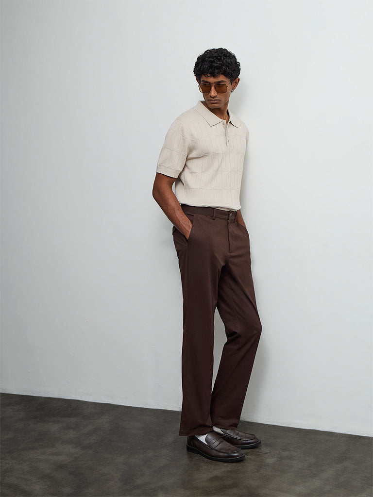 Ascot Brown Relaxed-Fit Mid-Rise Cotton-Blend Trousers