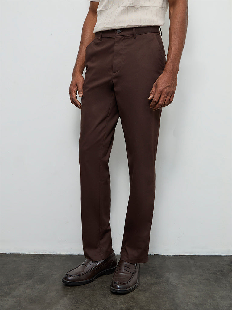 Ascot Brown Relaxed-Fit Mid-Rise Cotton-Blend Trousers