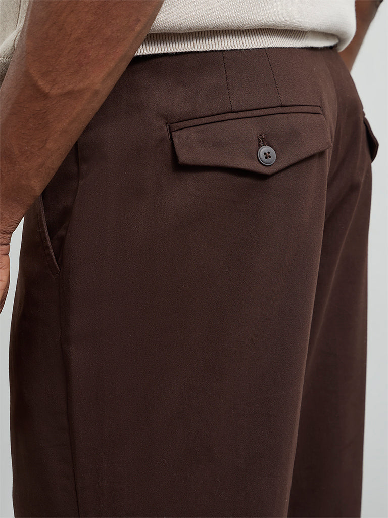 Ascot Brown Relaxed-Fit Mid-Rise Cotton-Blend Trousers