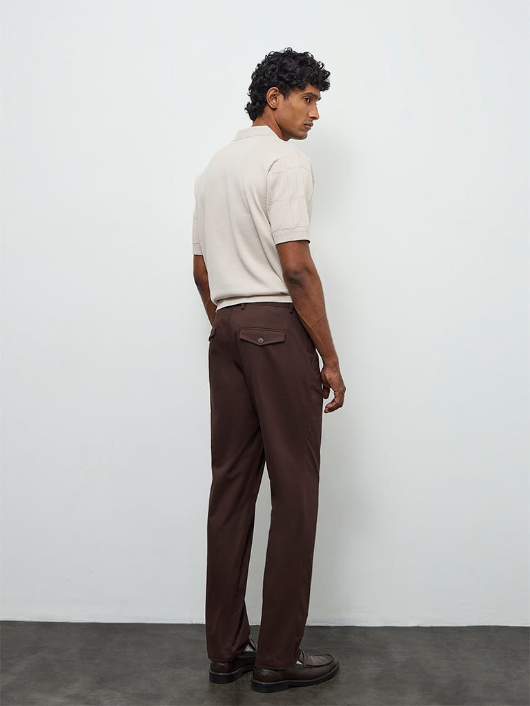 Ascot Brown Relaxed-Fit Mid-Rise Cotton-Blend Trousers