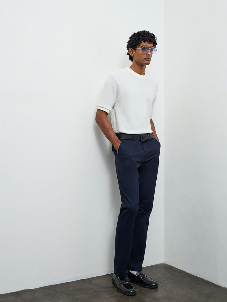 Ascot Navy Relaxed-Fit Mid-Rise Cotton-Blend Trousers