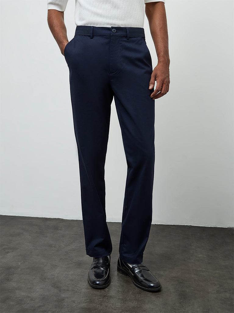 Ascot Navy Relaxed-Fit Mid-Rise Cotton-Blend Trousers
