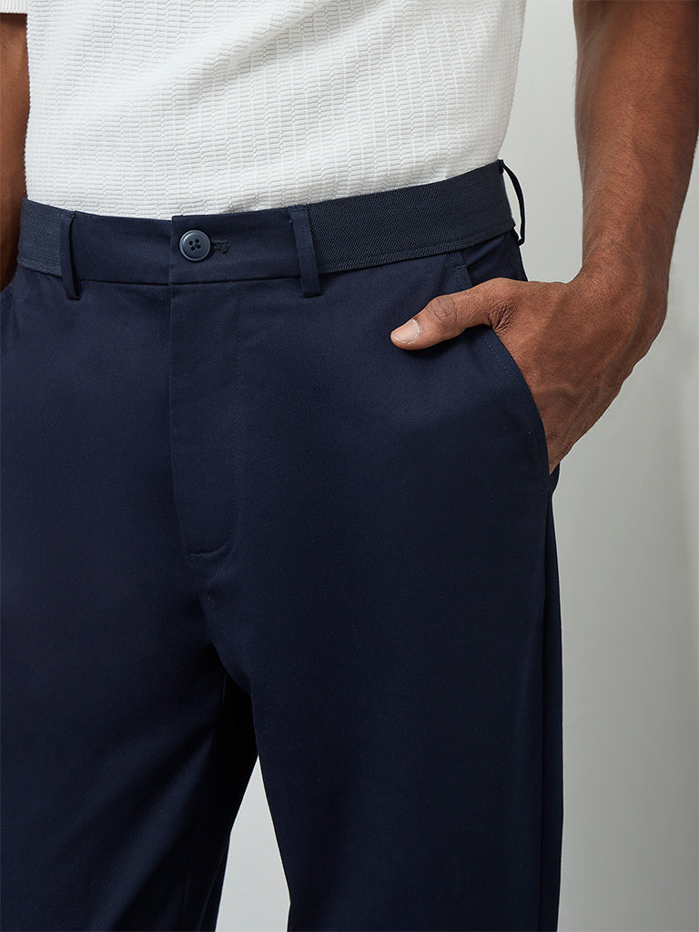 Ascot Navy Relaxed-Fit Mid-Rise Cotton-Blend Trousers