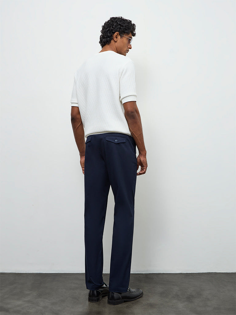 Ascot Navy Relaxed-Fit Mid-Rise Cotton-Blend Trousers