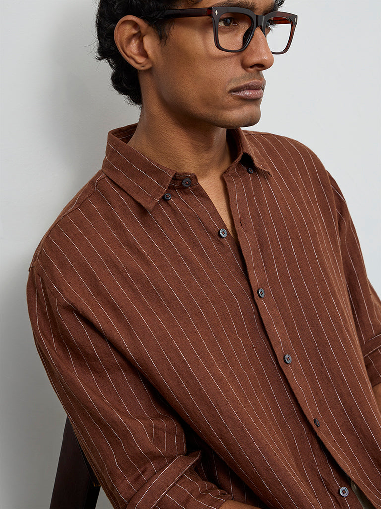Ascot Brown Striped Relaxed-Fit Linen Shirt