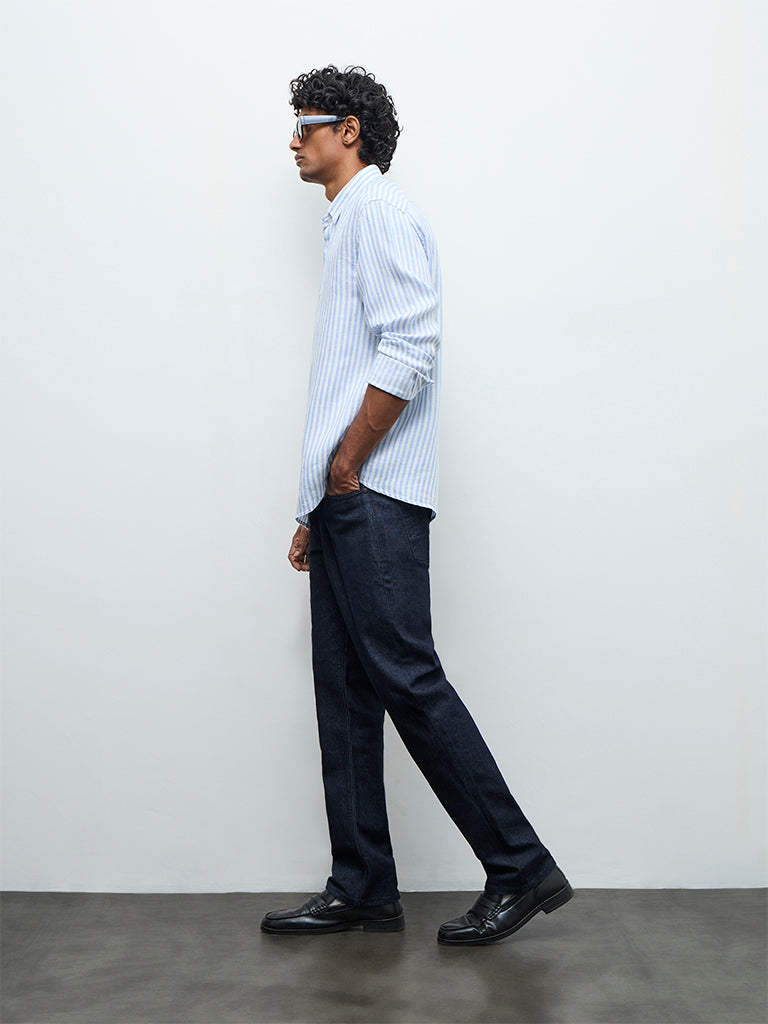 Ascot Light Blue Striped Relaxed-Fit Linen Shirt