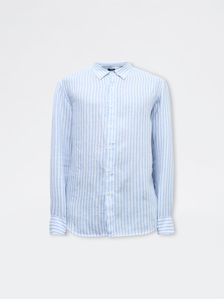 Ascot Light Blue Striped Relaxed-Fit Linen Shirt