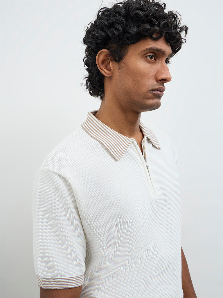Ascot Off-White Relaxed-Fit Cotton Quarter-Zip Polo T-Shirt