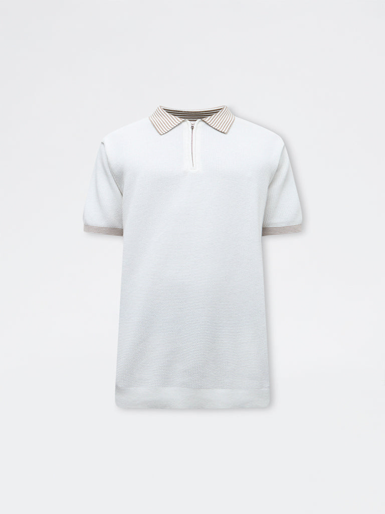 Ascot Off-White Relaxed-Fit Cotton Quarter-Zip Polo T-Shirt