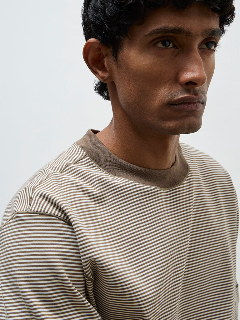 Ascot Brown Striped Relaxed Fit Cotton T-Shirt