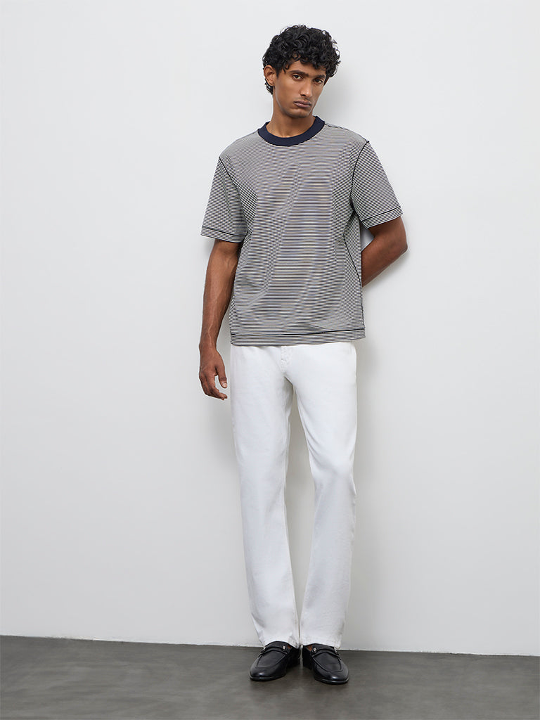 Ascot Navy Striped Relaxed-Fit Cotton T-Shirt