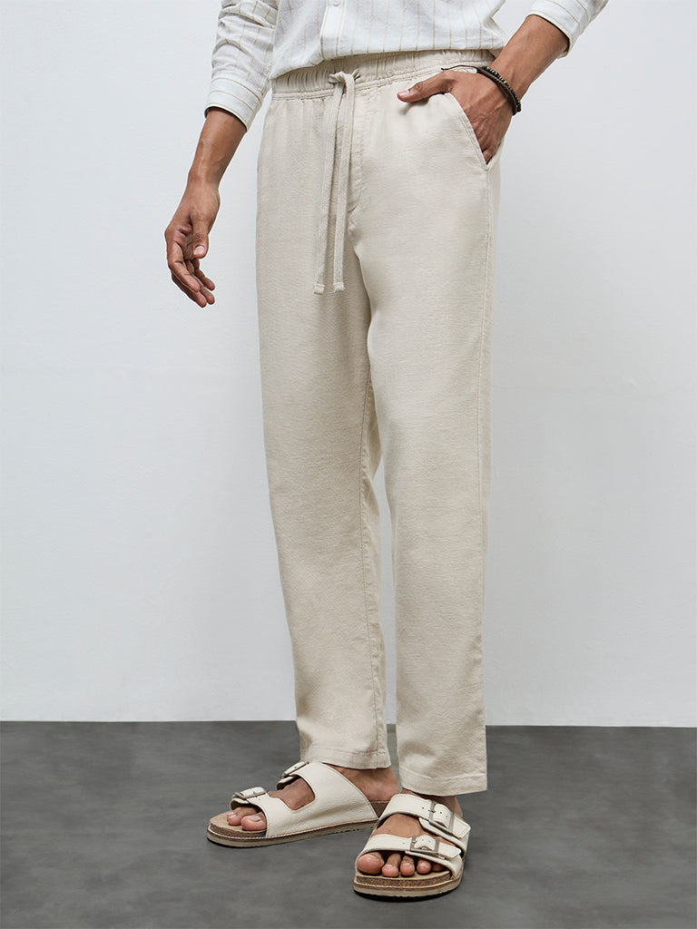 ETA Light Beige Solid Relaxed-Fit Mid-Rise Cotton Chinos